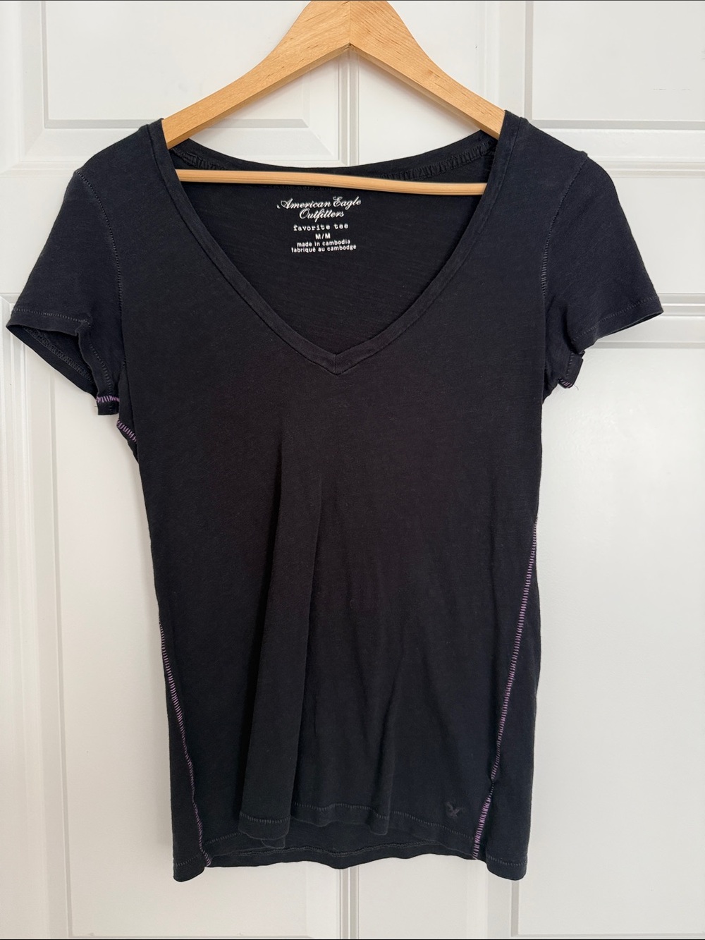 American Eagle Outfitters Black V-Neck Short Sleeve Tee with Purple Side Seam